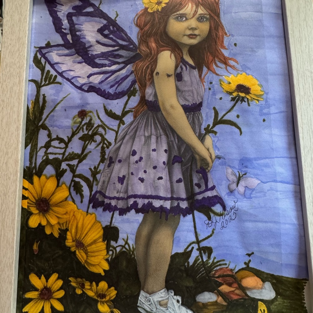 Whimsical Fairy Art drawing with Purple Dress. Sugar Pie loves flowers.
